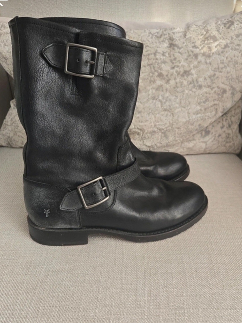 Frye Black Leather Engineer Boots with Buckle Strap